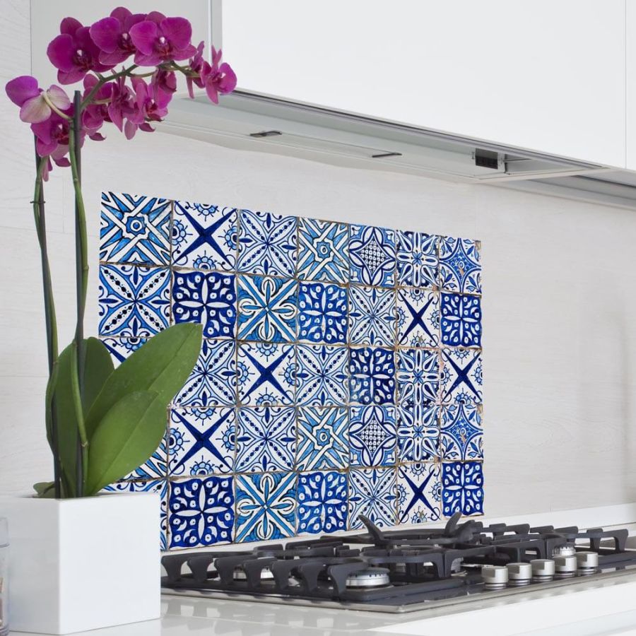 Blue Azulejos L πλάτη προστασίας τοίχου εστιών κουζίνας 67215 Ango