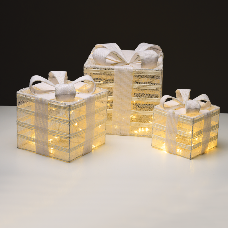 SET "WHITE GIFT BOX, BURLAP BOW" 75(15+25+35) WW LED  ΜΠΑΤ. 3*3ΑΑ IP20 17,23,28.5CM ACA X11751115